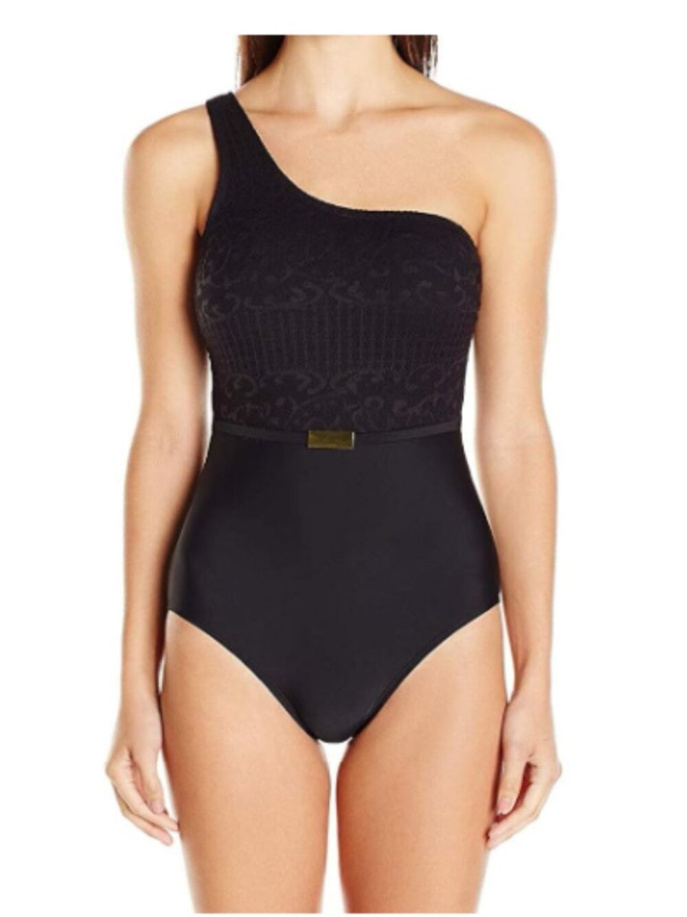 NWT ELLEN TRACY Women's One Shoulder Lace One Piece Swimsuit Sz 14 Black